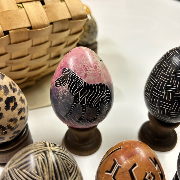 7 hand painted stone eggs in a basket . - Picture 9 of 9